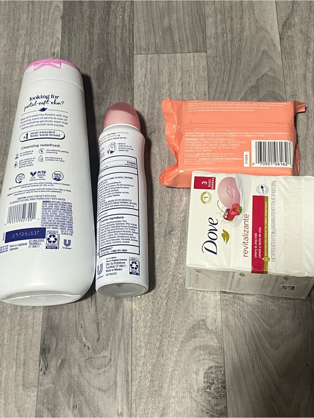 Dove Pink Moisturizing Body Wash, Dry Spray & Cleansing Wipes Bundle